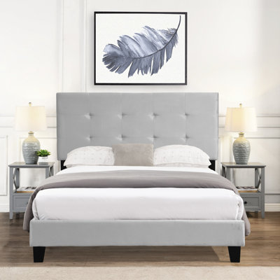 Base de lit tapissier pleine grandeur avec tête de lit, base à lattes de bois, sommier à ressorts, assemblage sans effort, gris, aucun sommier requis, support solide à limite de charge de 600 lb, ressort, facile à poser