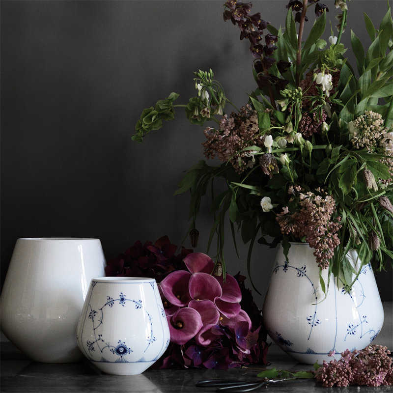 Blue Fluted Plain Blue/White Porcelain Table Vase, 8.07" H x 8.25" W x 8.25" D