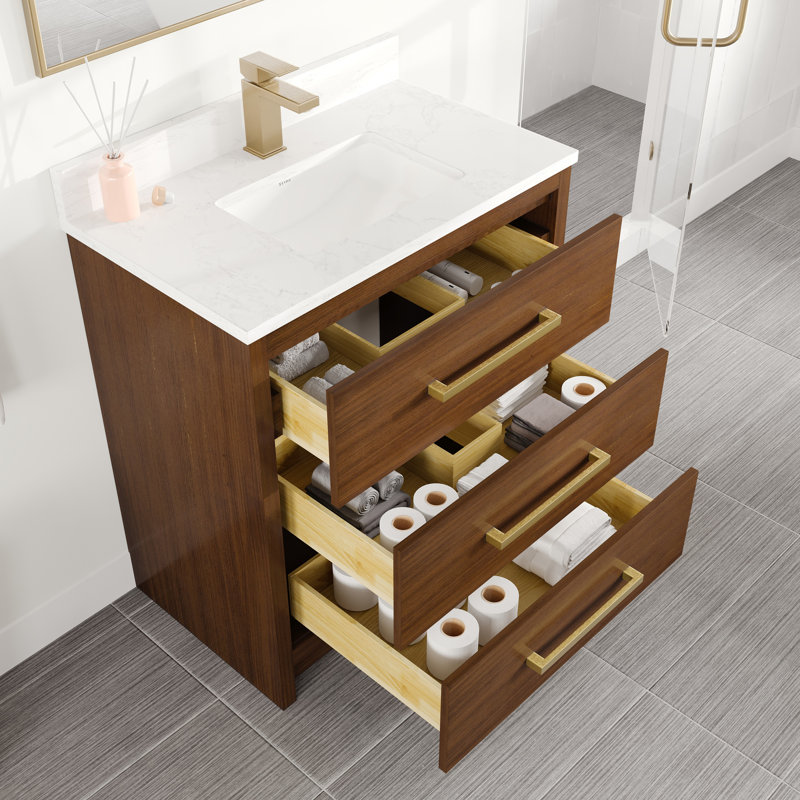 Meuble-lavabo l 30 po x P 18 po Ilsa avec comptoir en quartz de Carrare blanc et lavabo en porcelaine encastré, Noyer