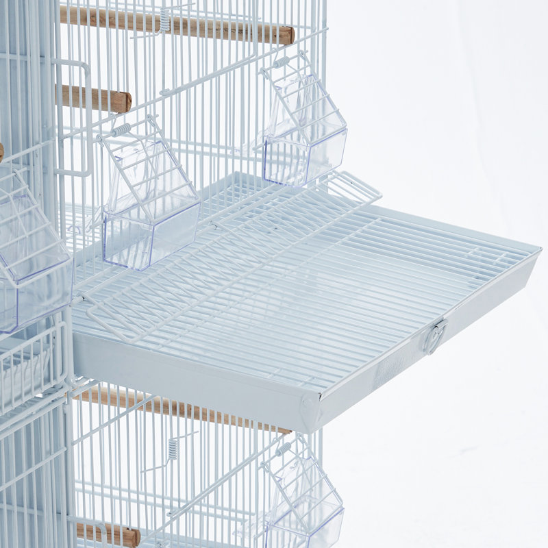 Cage à volaille empilable en acier au carbone de 67 po à 4 unités - plateaux amovibles, cloison, roulettes verrouillables, cage de vol spacieuse - pour perroquets, pinsons, perruches - facile à nettoyer et à fixer, blanc