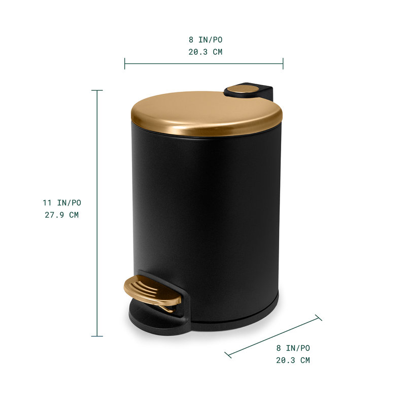 Acento Rondo 1.3 Gallon Round Step Trash Can with Soft Close and Stay Open Lid, Removable Liner Bucket and Premium Foot Pedal, Matte Black and Gold