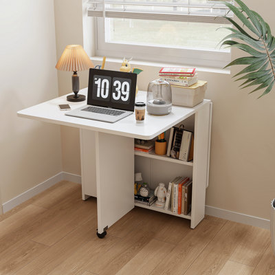 Folding Drop Leaf Dining Table with 6 Wheels and 2-Layer Storage Shelf, Space Saving Table for Small Spaces, White