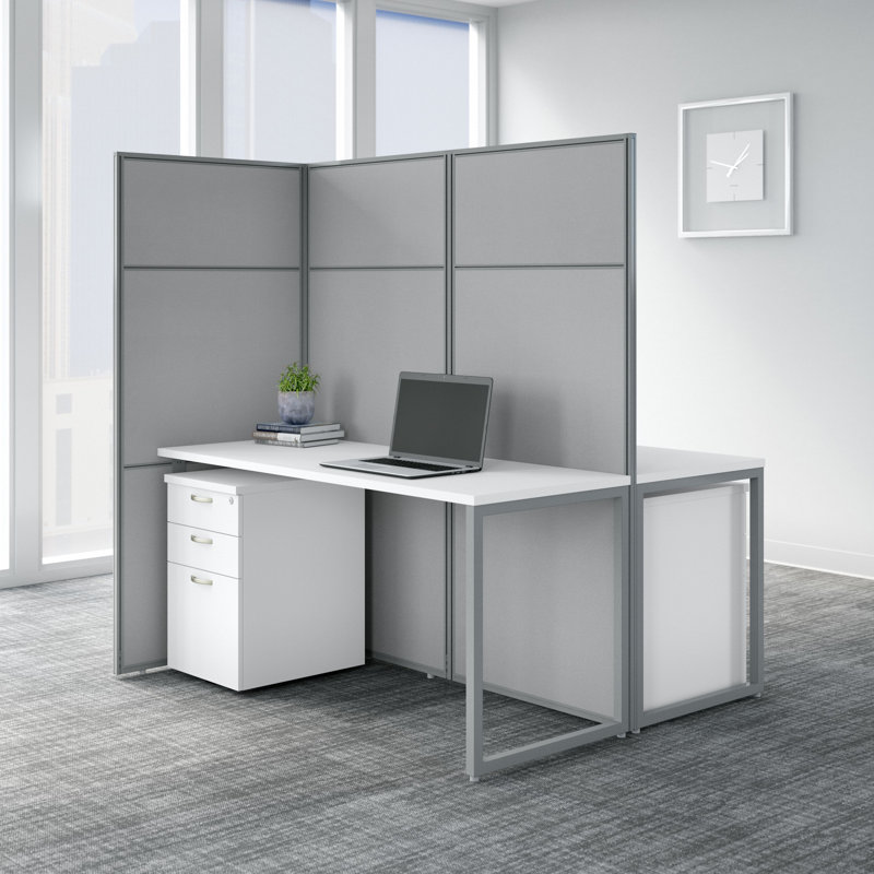 Easy Office Rectangle 2 Person Cubicle with Cable Management, Pure White