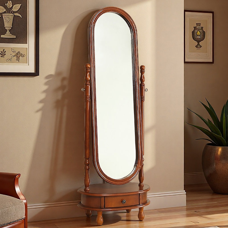 Miroir pleine grandeur réversible en bois d'hévéa de style américain avec tiroirs