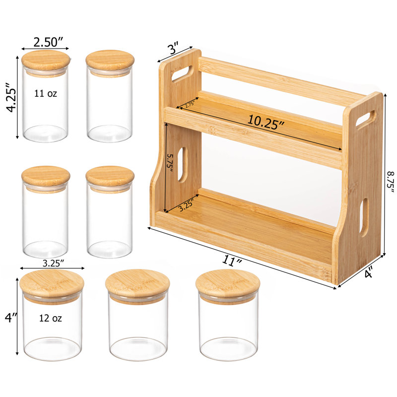 Versatile 2-tier Bamboo Spice Rack And Pantry Organizer With 7 Glass Jars - Perfect For Countertop Storage In Kitchens To Keep Seasoning Containers Neatly Displayed And Easily Accessible