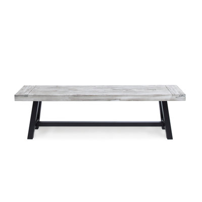 Light Grey Sandblast Finish Acacia Wood Dining Bench With Black Rustic Metal Frame