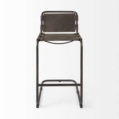 30" Black And Gunmetal Gray Leather And Iron Bar Height Bar Chair