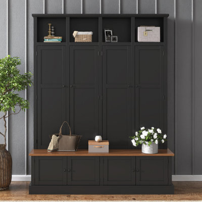 76.7" H Farmhouse Hall Tree with Bench & Cabinet – 4-in-1 Entryway Storage Organizer with Coat Rack, 4 Open Cubbies & 4 Hooks – Modern Black & Wood Grain Seat for Hallway, Mudroom, Living Room – Anti-Tip Kit