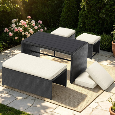 2-in-1 Convertible PE Rattan Outdoor Set, Switchable 3-Piece(Loveseat with Backrest+2 Ottomans) & 4-Piece(Table+Loveseat+2 Ottomans) with Removable Cushions(Gray)