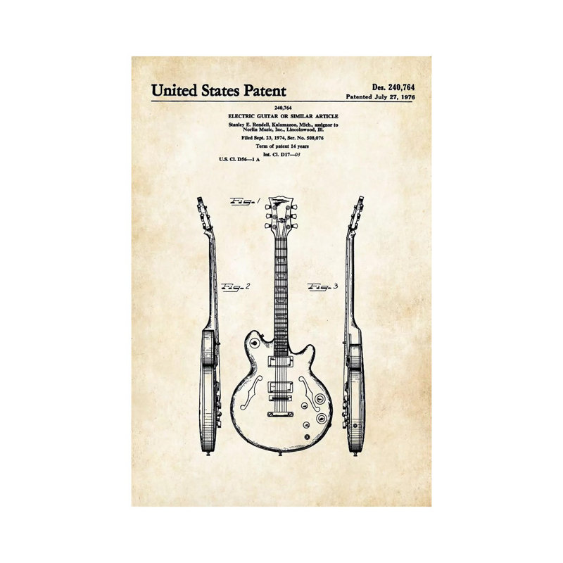 «Les Paul Guitare» (ES-335) par Patents77 - reproduction sur toile tendue, H 18 po x l 12 po x 1,5 po