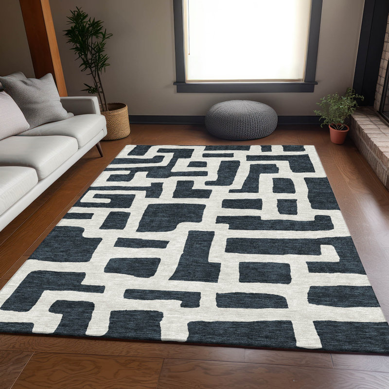 Premium Machine Washable Prisco Black Rug, Rectangle 8' x 10'