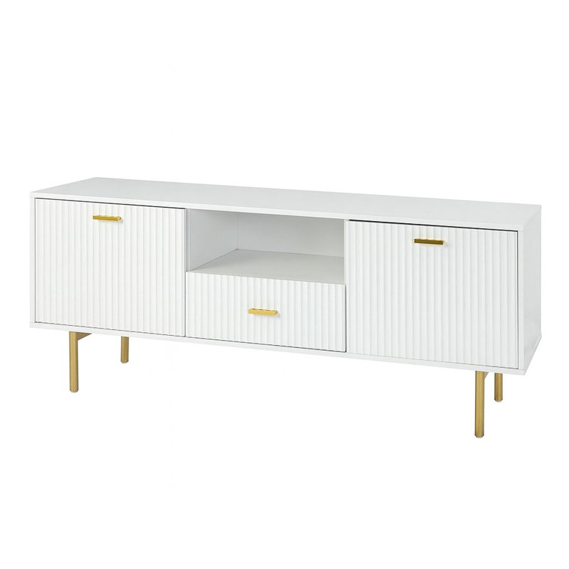 White TV Cabinet with Gold Metal Legs and Handles  Stylish Media Console with Spacious Storage