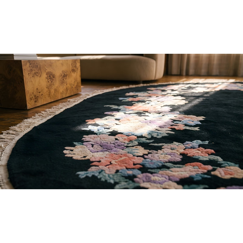 Oval Floral Hand Knotted Pile 1920s Wool Antique Black Rug