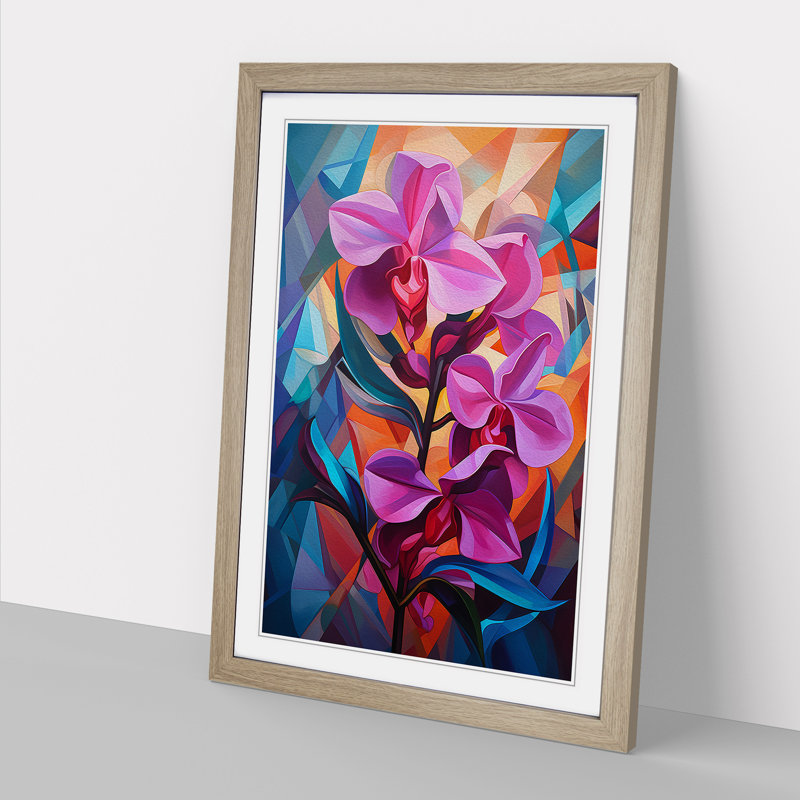 Orchid Flower Cubism - Single Picture Frame Print on Wood, 46cm H x 34cm W x 2cm D, Oak Framed