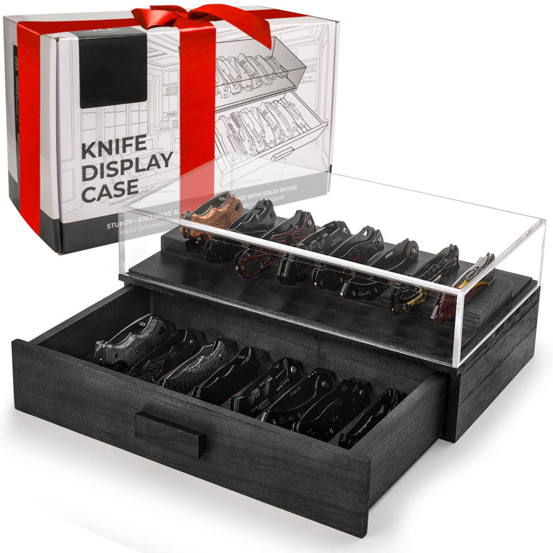 Présentoir à couteaux de poche avec couvercle transparent robuste, étui à couteaux en bois pour 16 couteaux