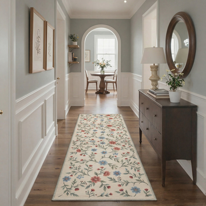 Machine Washable Floral Vines / Oatmeal Grain Indoor Area Rug With Non-Slip Backing, Runner 2'6" x 8'