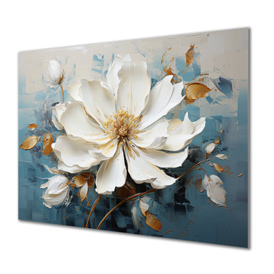 Anémone peinte en blanc sur sarcelle rétro - art mural floral, salon