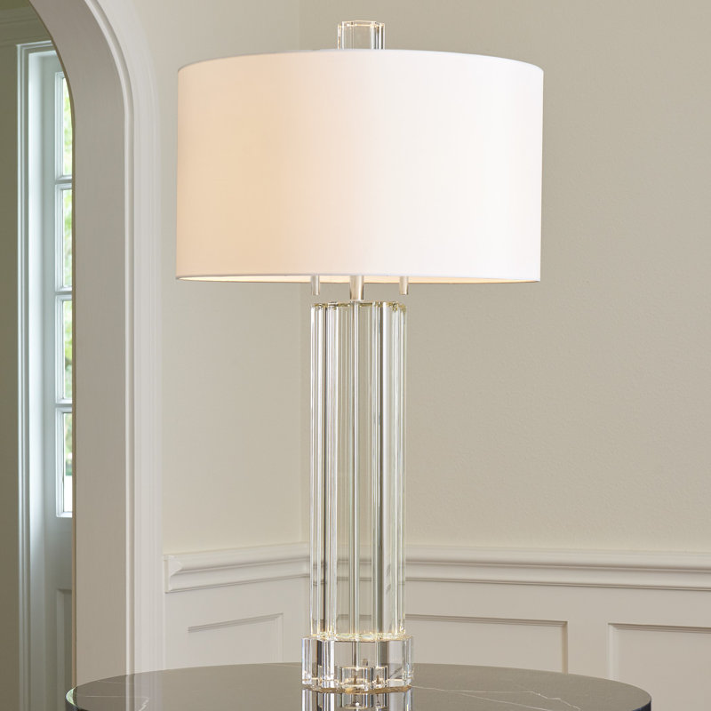 Fluted Nickel Crystal 2-Light Chandelier with White Faux Silk Shade