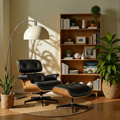 Top Grain Leather Swivel Reclined Lounge Chair with Ottoman, Solid Wood Shell and Aluminum Base for Living Room, Study and Office