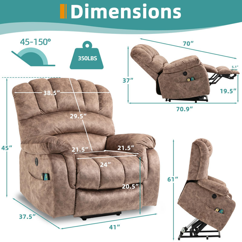 Fauteuil inclinable électrique lève-personne rembourré, Velours brun