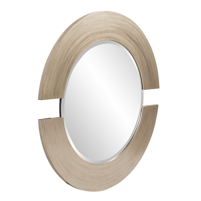 Agatie Round Beveled Wall Mirror with Partial Wood Frame, Silver