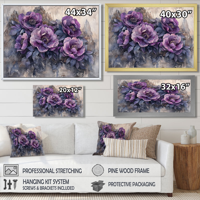 Lavande, pivoines sur le versant rocheux I - pivoines, art mural, H 24 po x l 32 po, Toile tendue
