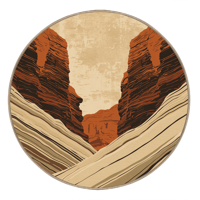 Machine Washable Orionna Country Rustic Vintage Look Rug in Brown – Beige Binding, 4' Round