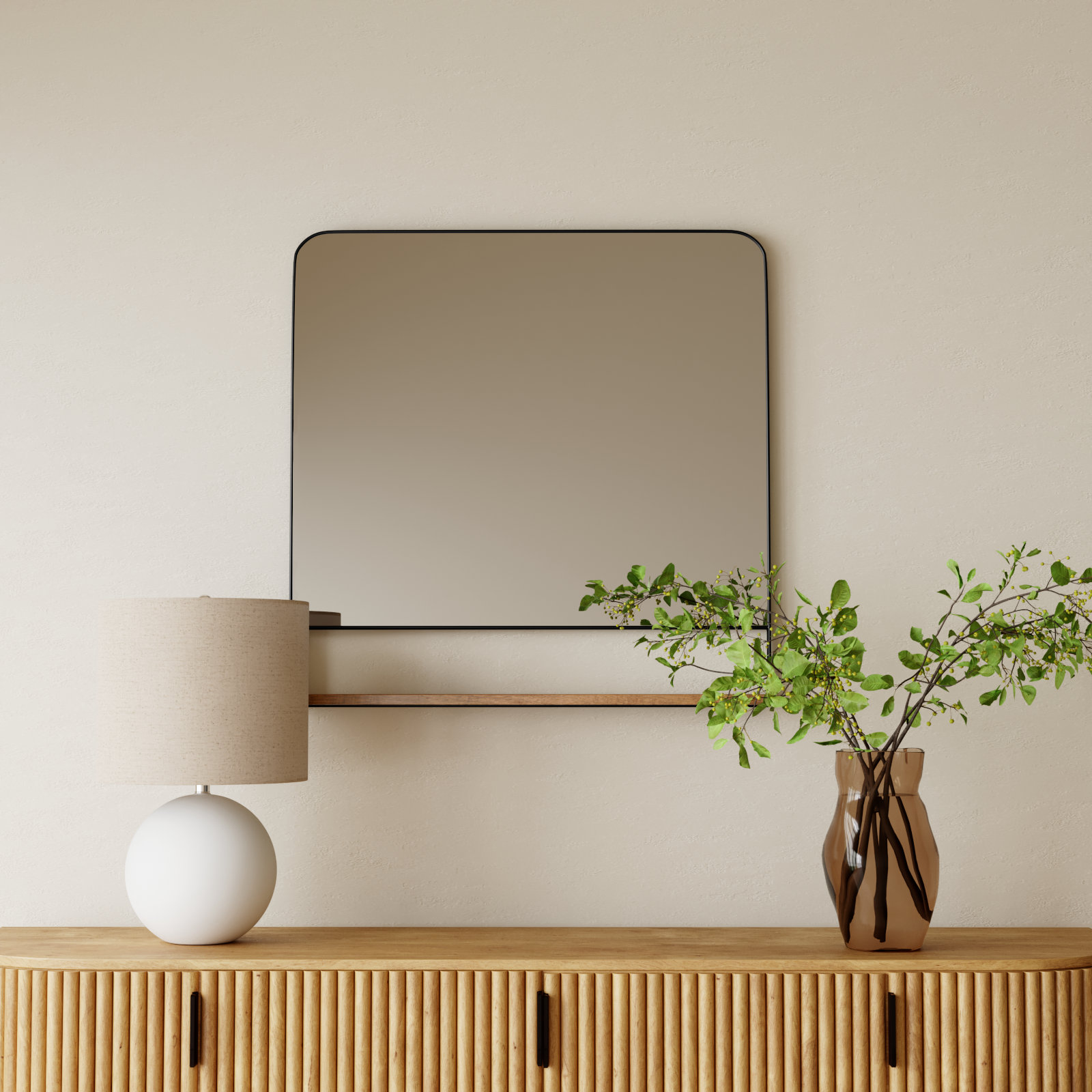 Branchville Metal Wall Mirror with Shelf, Square, White and Black, 20" x 34"