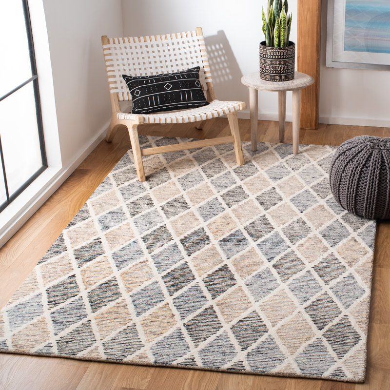 Tapis bleu / beige en laine / coton touffeté à la main Milladore Precious, Rectangle 9 pi x 12 pi