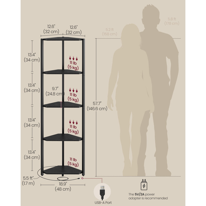 146.6 cm H x 32 cm W Steel Corner Bookcase, Black