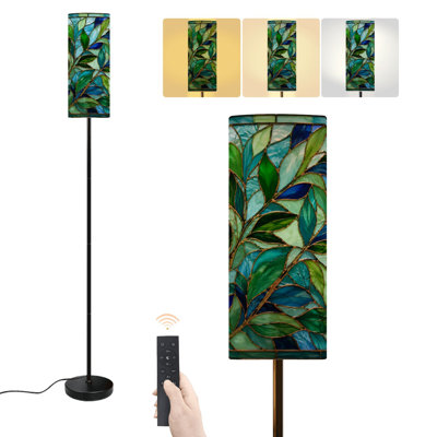Lampe sur pied à effet vitrail, motif de feuilles vertes et bleues, lampe sur pied moderne à intensité variable avec télécommande et interrupteur au pied, abat-jour haut, lampe d'angle idéale pour salon, chambre ou bureau.