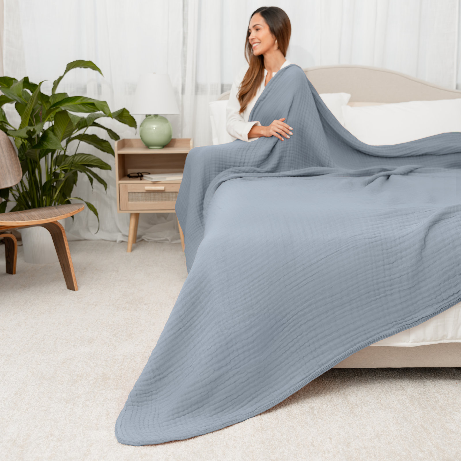 Karlina Cotton Muslin Throw Blanket, King, Pacific Blue