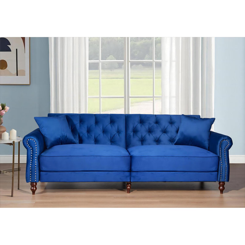 87.8 inchs Convertible Velvet Sofa Bed Sleeper Sofa Futon, Blue Brushed Velvet