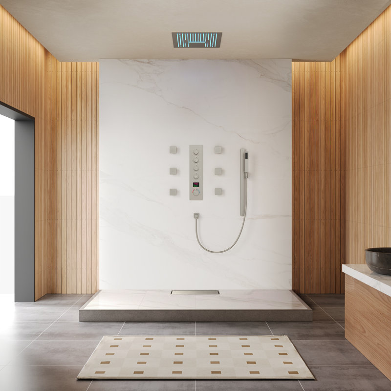 Ceiling Mount 16" LED Thermostatic Shower Faucet System with Rainfall & Waterfall, 6 Body Jets and Handheld Spray