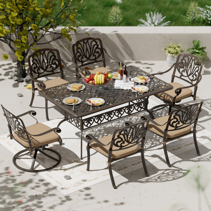 Sybella 6 - Person Patio Dining Set with Rectangular Table , Cushions Included, 7 Piece : 6 Chairs, Table, Khaki