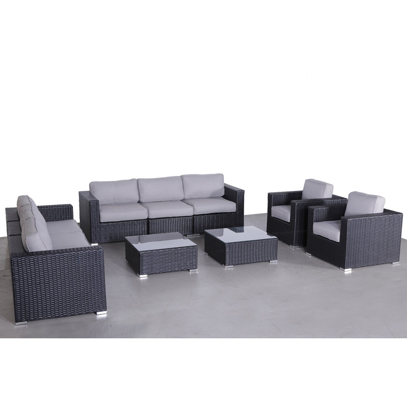 Ensemble de conversation en osier pour 8 personnes avec coussins Demarest