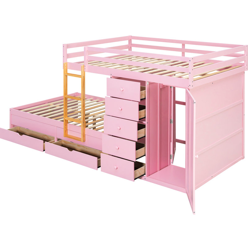 Lit superposé double avec 2 grands tiroirs, 5 petits placards et une petite garde-robe en bois, sécuritaire pour 6 grands espaces de sommeil confortables