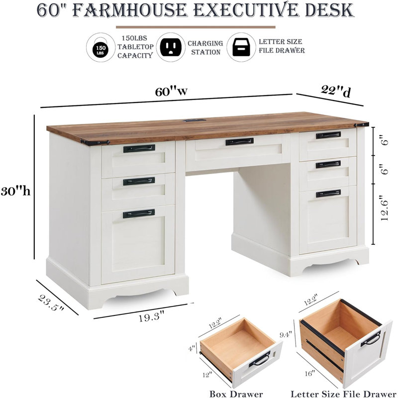 Bureau double caisson en bois massif et manufacturé avec station de charge Deserey, Bois de Baen récupéré, Blanc