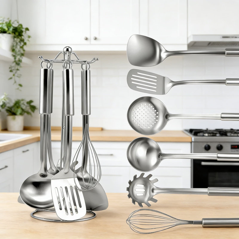 Ensemble d'ustensiles de cuisine 7 pièces en acier inoxydable avec support suspendu - Comprend une spatule, un tourneur, une louche, une cuillère, un fouet, une machine à pâtes - des ustensiles de cuisine allant au lave-vaisselle pour un usage quotidien
