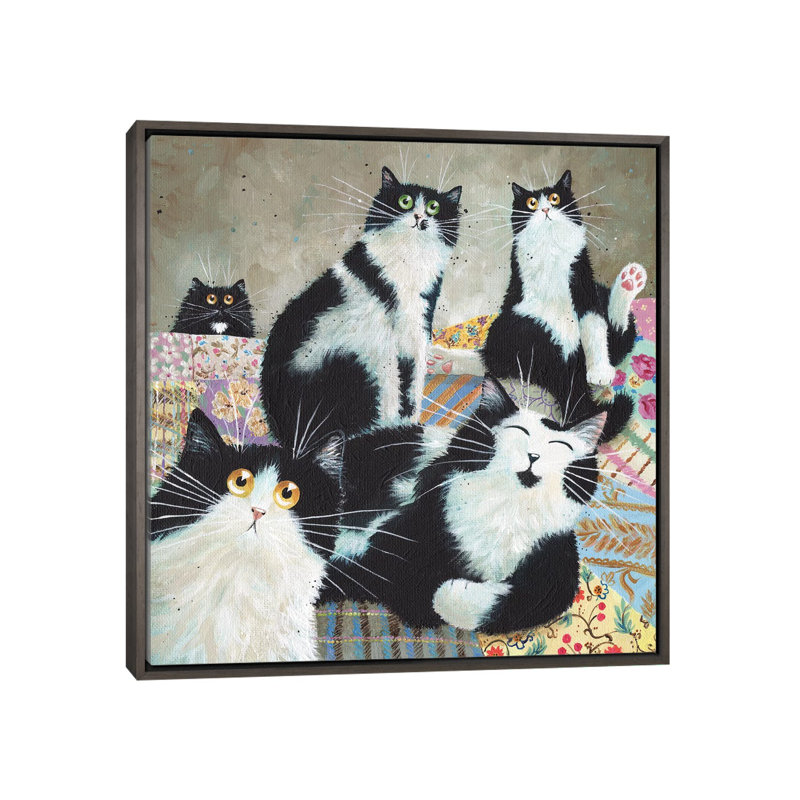 « Patchwork Cats » par Kim Haskins-reproduction d’art, Toile encadrée de bois rustique foncé, Pas de tapis