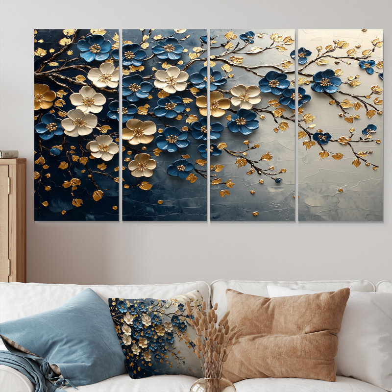 Ensemble de décorations murales cerisier bleu en or bleu II, H 28 po x l 48 po