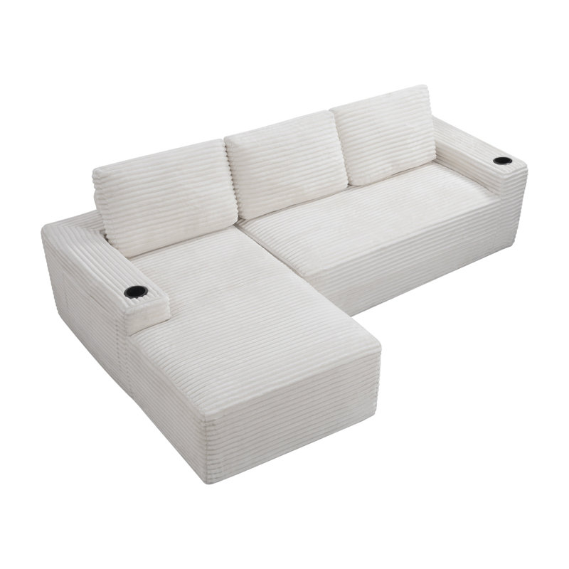 Boneless 104''W Cloud Modern Modular L-Shaped Sofa , Compressed Corduroy Upholstered Boneless Sofa Couches With Chaise And Cup Holder