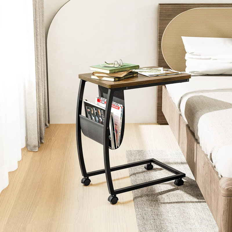C Shaped End Table With Storage Pocket And Rolling Wheels For Laptop Coffee Snack, Light Walnut