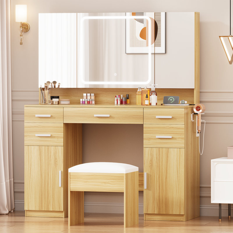 Vanity Desk with Mirror and Lights, Vanity Tables with 7 Drawers, Makeup Vanity with Tri-Folding 3 Colors Lighting Mirror and Cushioned Stool, Big Vanities Perfect for Bedroom, White