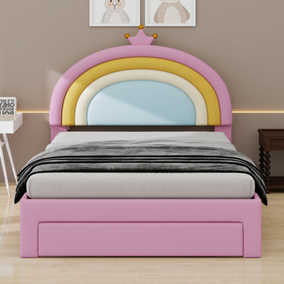 Stylish  Platform Bed, Upholstered Rainbow Design Princess Bed with Storage Drawer