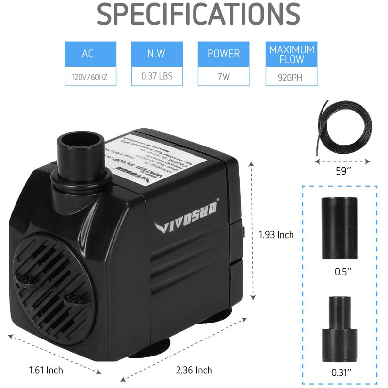 120GPH Submersible Ultra Quiet Water Pump(450L/H, 6W)With 3.1Ft High Lift, 5Ft Power Cord And 2 Nozzles