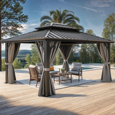 10ft x 12ft  Outdoor Canopy Gazebo, Outdoor Pavilion, Backyard Gazebo with Double Roof Design and Mesh Netting Curtain Suitable for All Seasons 