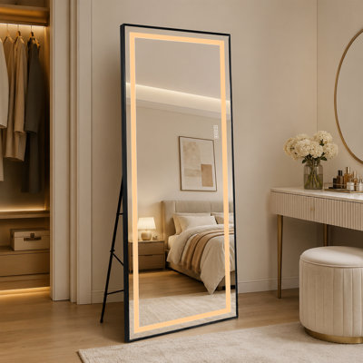 3-Color Dimmable LED Full Length Mirror with Black Aluminum Frame - Freestanding/Wall Mounted