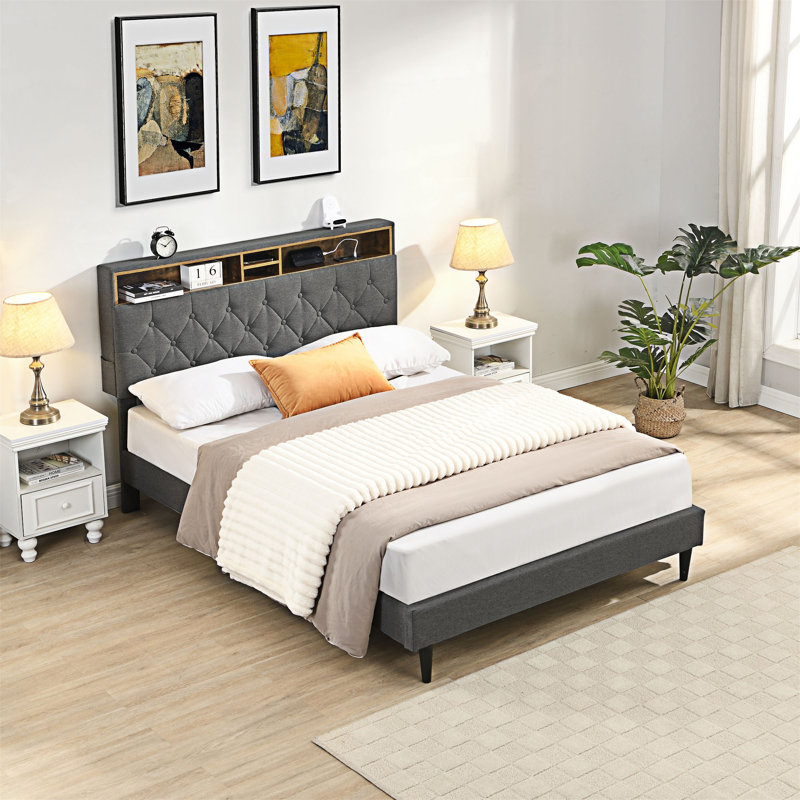 Structure de lit plateforme tapissier avec ports USB et rangement, Gris foncé, Très grand lit