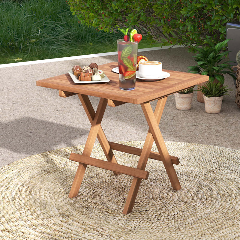 Highland Dunes 1 Pc Patio Folding Side Table Teak Wood Square Slatted Tabletop Portable Picnic, 1